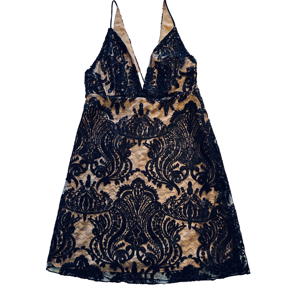 Free People Women's Shimmer Black Sequin Embroidered Lace Mini Dress Sz 2 Used